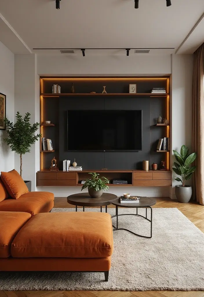 27 Burnt Orange Couch Living Room Ideas That Feel Warm and Modern - 21. Stylish Media Center