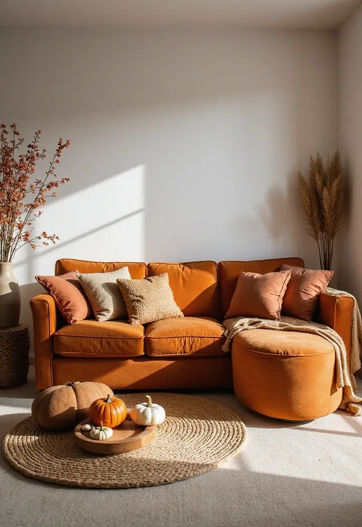 27 Burnt Orange Couch Living Room Ideas That Feel Warm and Modern - 22. Seasonal Decor Switch-Up