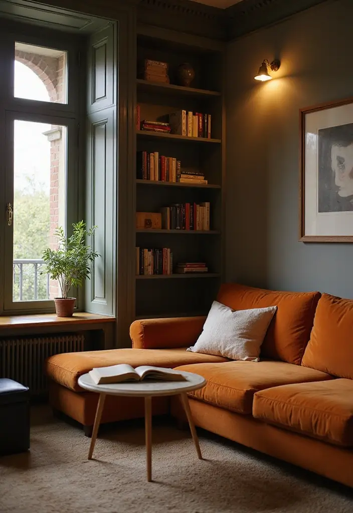 27 Burnt Orange Couch Living Room Ideas That Feel Warm and Modern - 23. Cozy Reading Nook