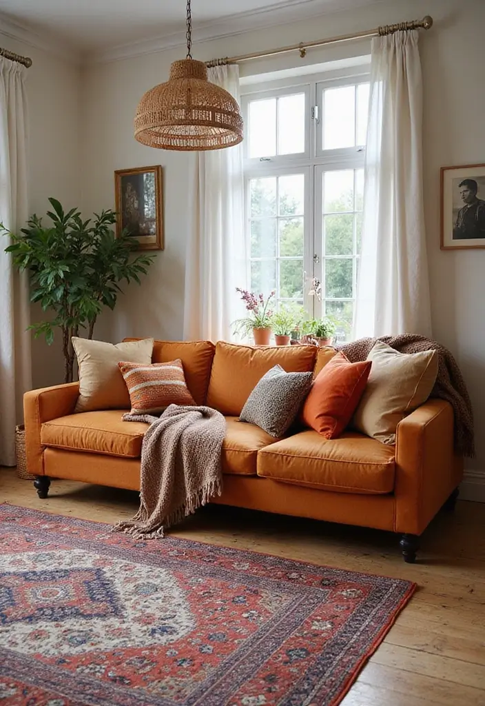 27 Burnt Orange Couch Living Room Ideas That Feel Warm and Modern - 24. Dynamic Layering