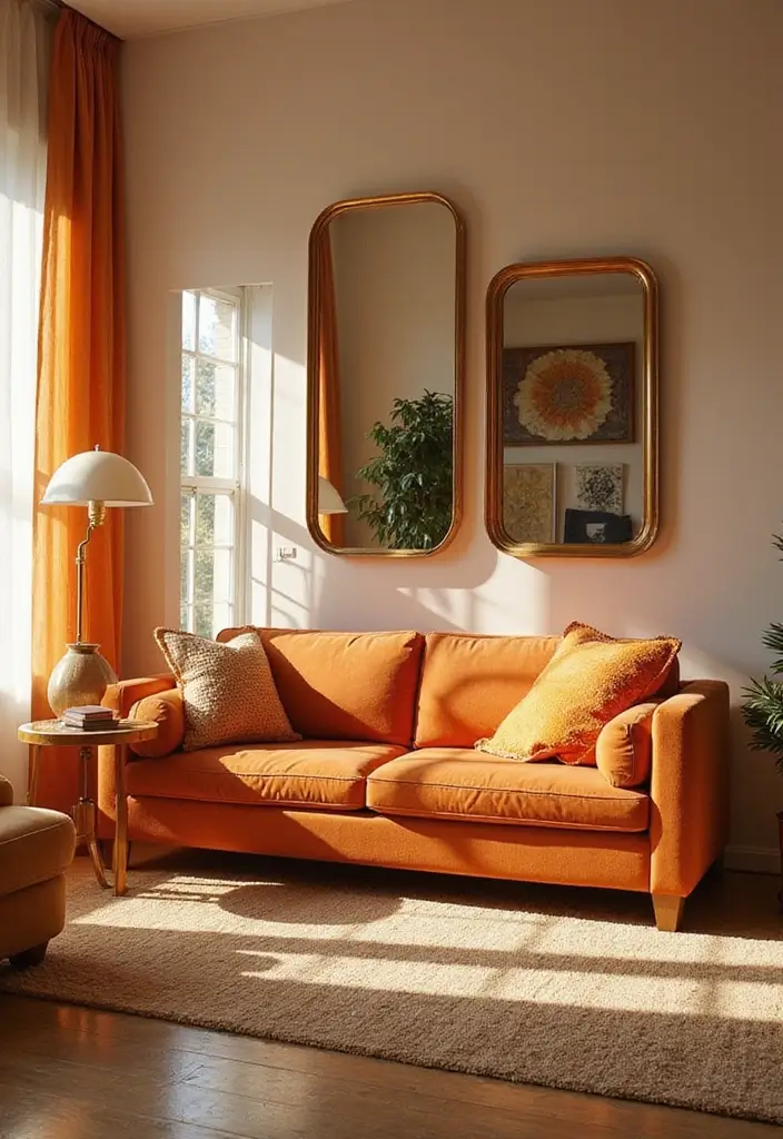 27 Burnt Orange Couch Living Room Ideas That Feel Warm and Modern - 25. Warm Reflections