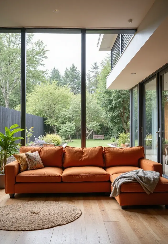 27 Burnt Orange Couch Living Room Ideas That Feel Warm and Modern - 26. Indoor-Outdoor Connection
