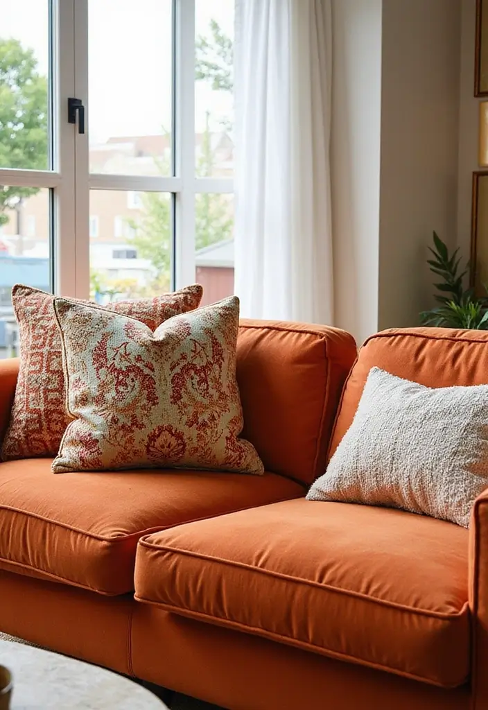 27 Burnt Orange Couch Living Room Ideas That Feel Warm and Modern - 3. Bold Accent Pillows