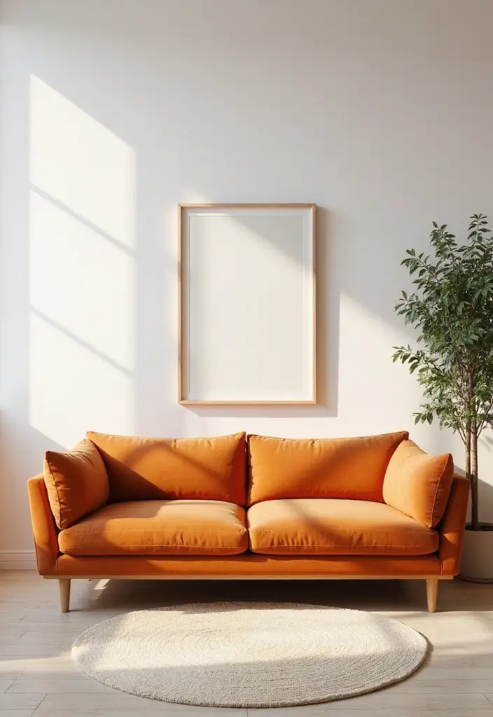 27 Burnt Orange Couch Living Room Ideas That Feel Warm and Modern - 4. Minimalist Charm