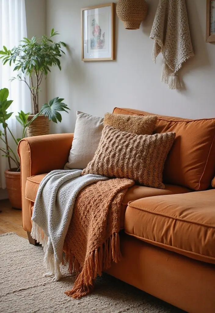 27 Burnt Orange Couch Living Room Ideas That Feel Warm and Modern - 5. Cozy Layered Textiles