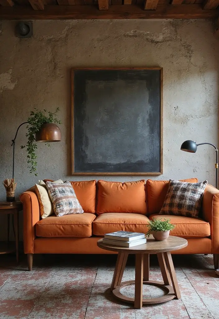27 Burnt Orange Couch Living Room Ideas That Feel Warm and Modern - 6. Rustic Meets Modern