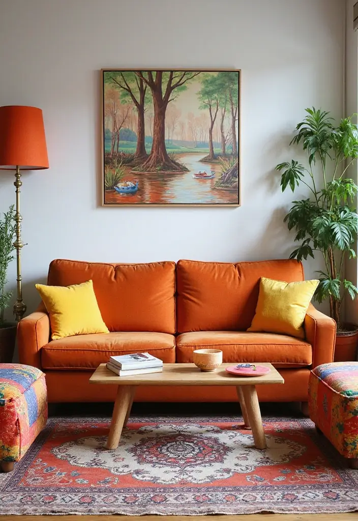 27 Burnt Orange Couch Living Room Ideas That Feel Warm and Modern - 8. Color Blocking Fun