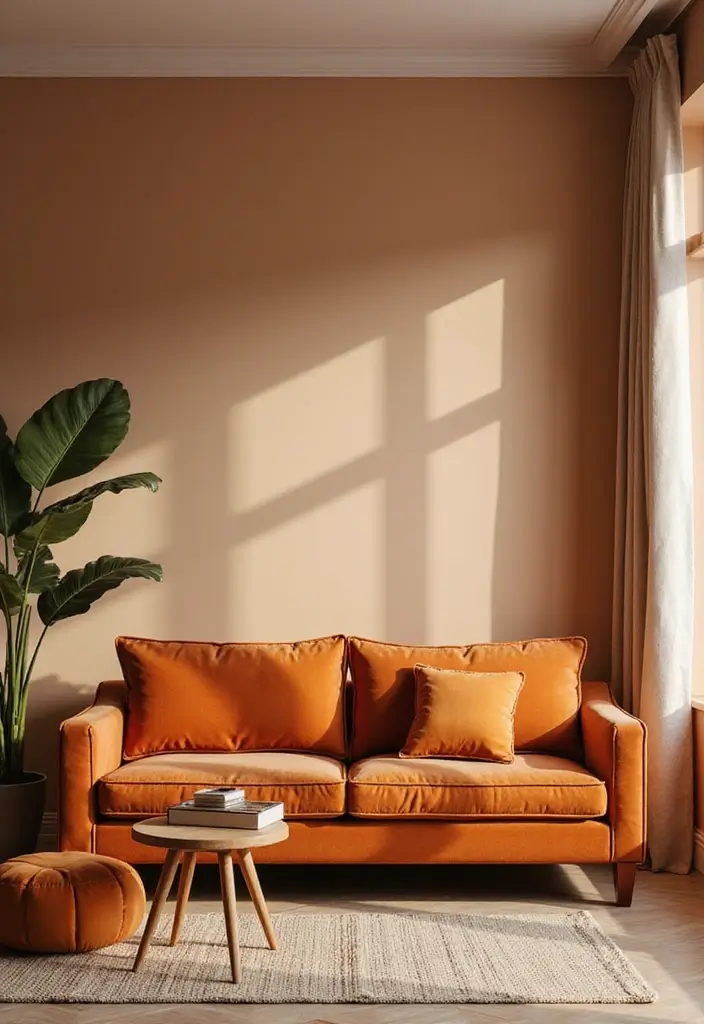 27 Burnt Orange Couch Living Room Ideas That Feel Warm and Modern - 9. Chic Monochrome