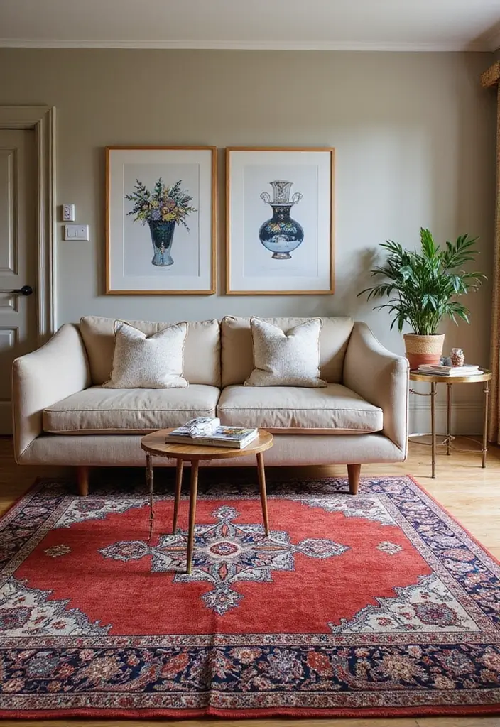 27 Couches Living Room Small Spaces Ideas That Save Space Beautifully - 23. Stylish Tabriz Rugs to Define Space