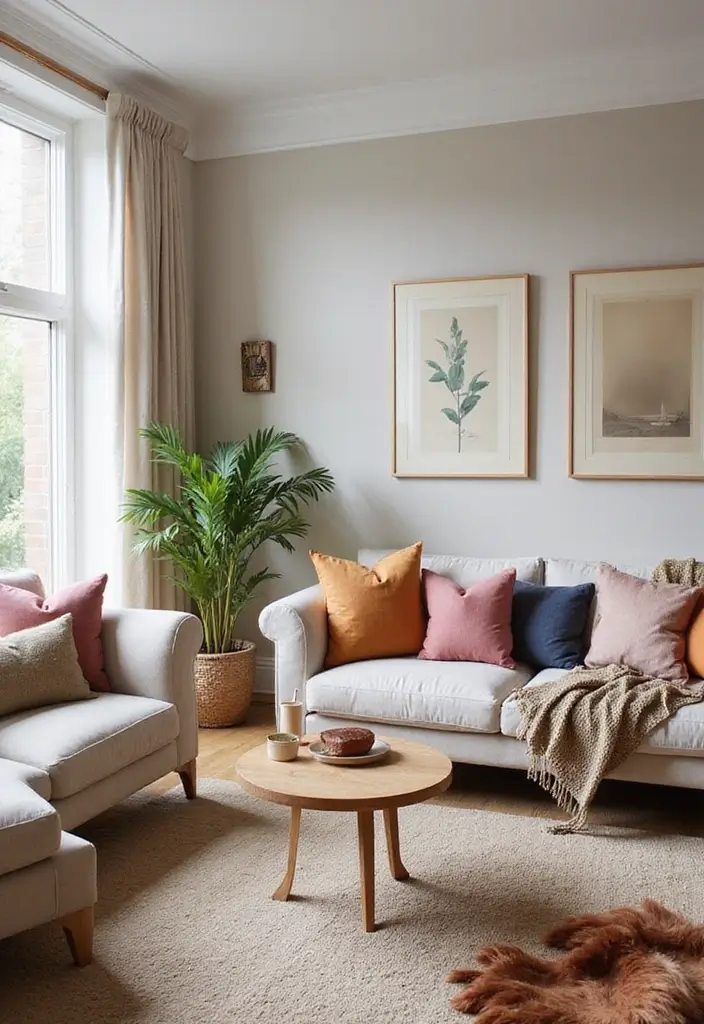 27 Cozy Winter Living Room Ideas That Feel Warm and Inviting - 17. Neutral Base with Pops of Color