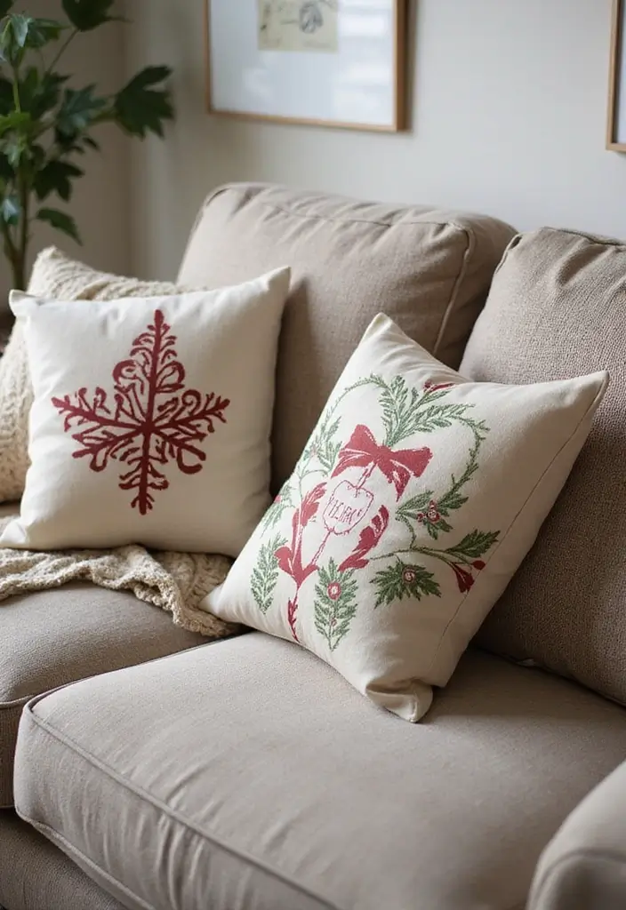 27 Cozy Winter Living Room Ideas That Feel Warm and Inviting - 18. Winter-themed Cushions
