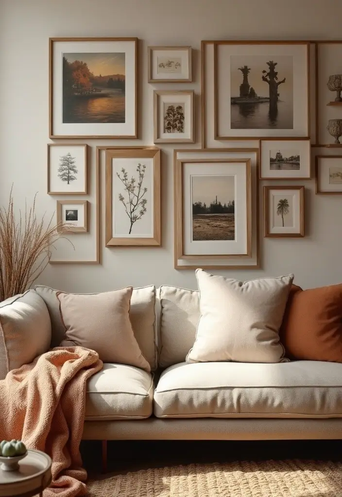 27 Living Room Ideas Brown Tones That Add Warmth and Comfort - 12. Brown Themed Gallery Wall