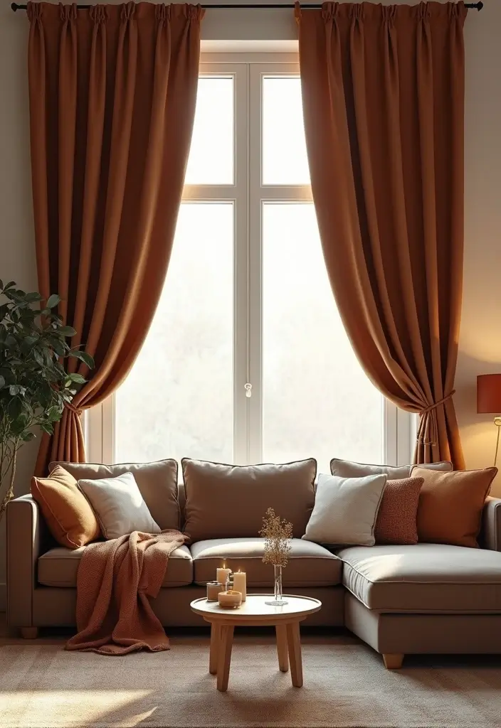 27 Living Room Ideas Brown Tones That Add Warmth and Comfort - 16. Incorporate Brown Curtains