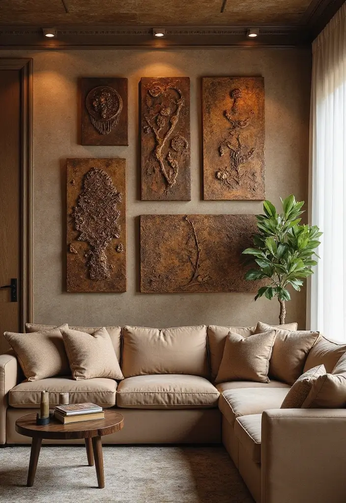 27 Living Room Ideas Brown Tones That Add Warmth and Comfort - 19. Textured Brown Wall Art