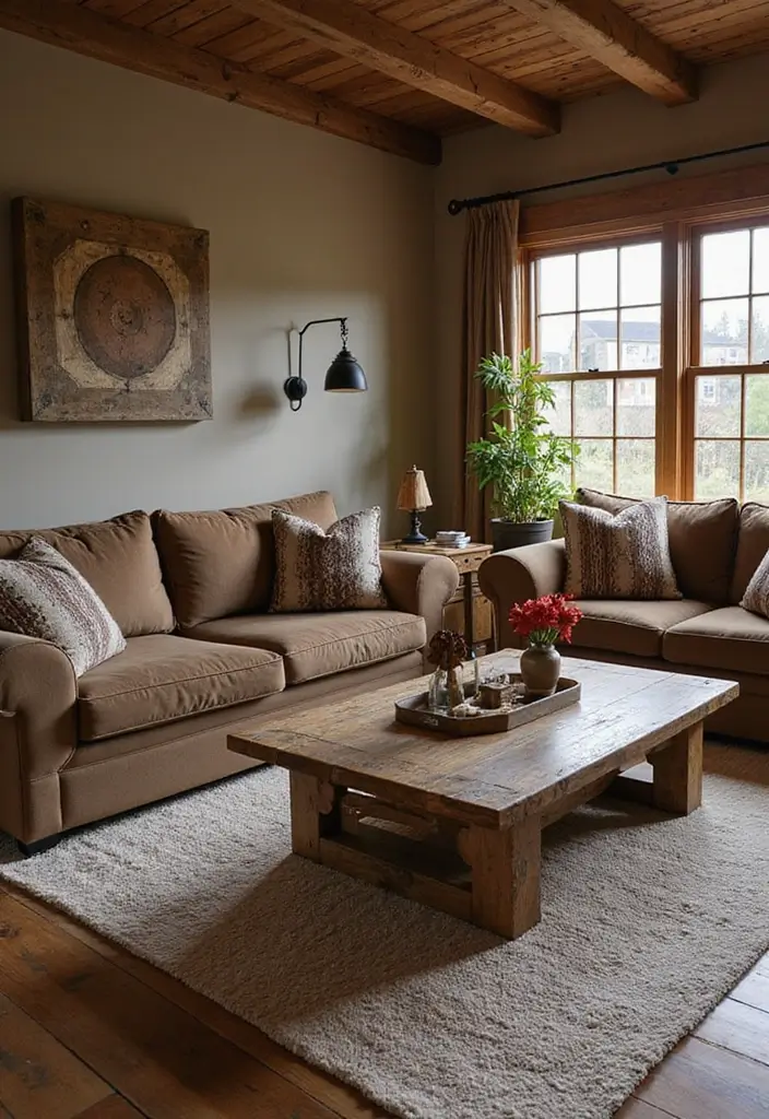27 Living Room Ideas Brown Tones That Add Warmth and Comfort - 2. Rustic Brown Accent Furniture