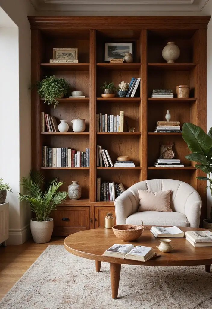 27 Living Room Ideas Brown Tones That Add Warmth and Comfort - 22. Warm Brown Bookcases
