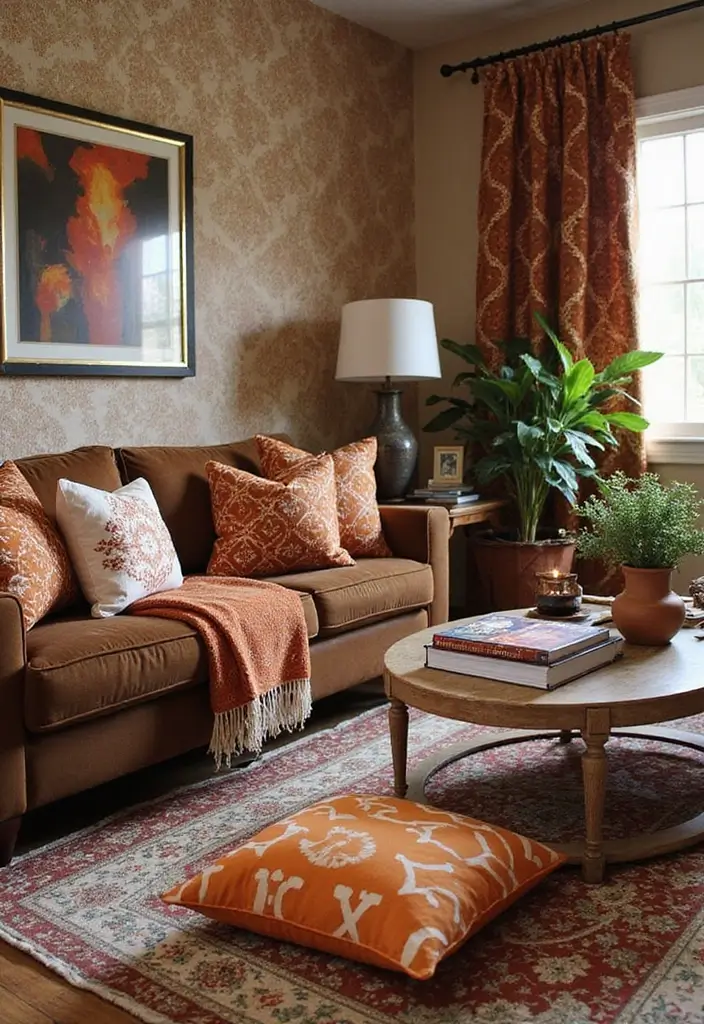 27 Living Room Ideas Brown Tones That Add Warmth and Comfort - 9. Bold Brown Patterns