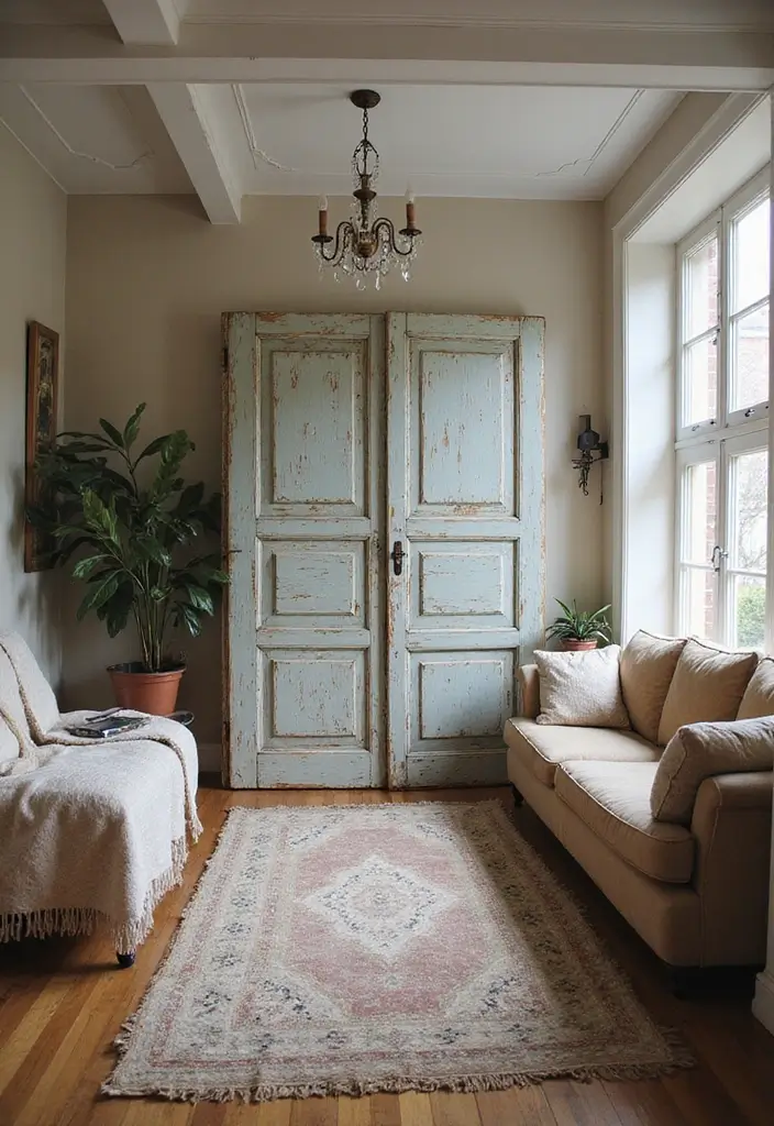 27 Living Room Partition Ideas That Define Space Beautifully - 10. Vintage Doors