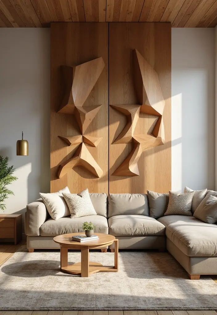 27 Living Room Partition Ideas That Define Space Beautifully - 2. Geometric Wooden Screens