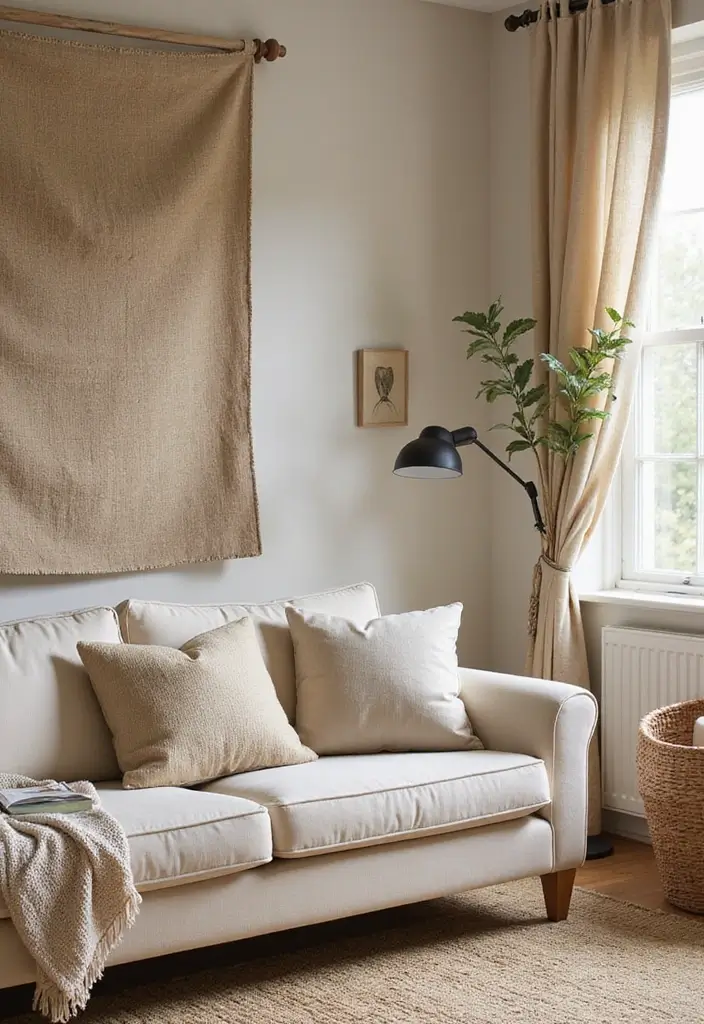 27 Living Room Wall Painting Ideas That Refresh Your Space - 16. Utilizing Natural Fabrics