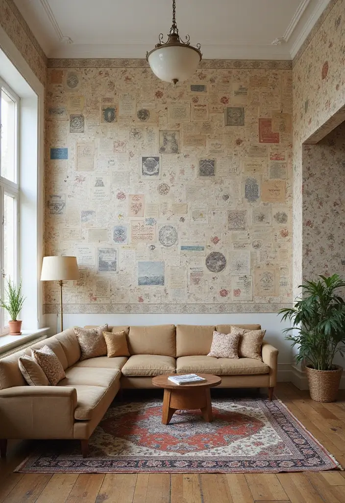 27 Living Room Wall Painting Ideas That Refresh Your Space - 23. Vintage Wallpaper Remnants