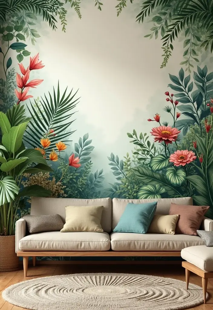 27 Living Room Wall Painting Ideas That Refresh Your Space - 6. Bright Botanical Murals
