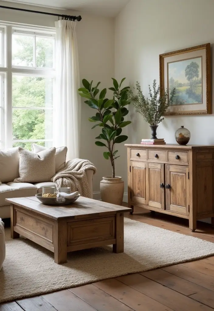 27 Shabby Chic Farmhouse Living Room Ideas That Blend Rustic and Romantic - 1. Distressed Wooden Furniture