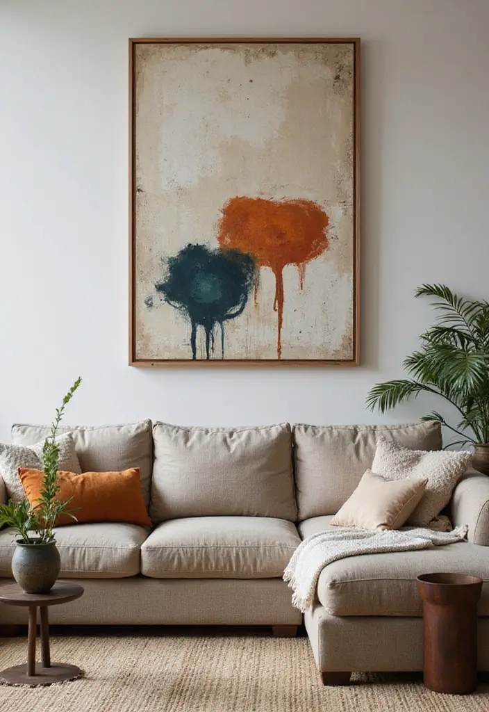 27 Shabby Chic Farmhouse Living Room Ideas That Blend Rustic and Romantic - 11. Statement Art Pieces