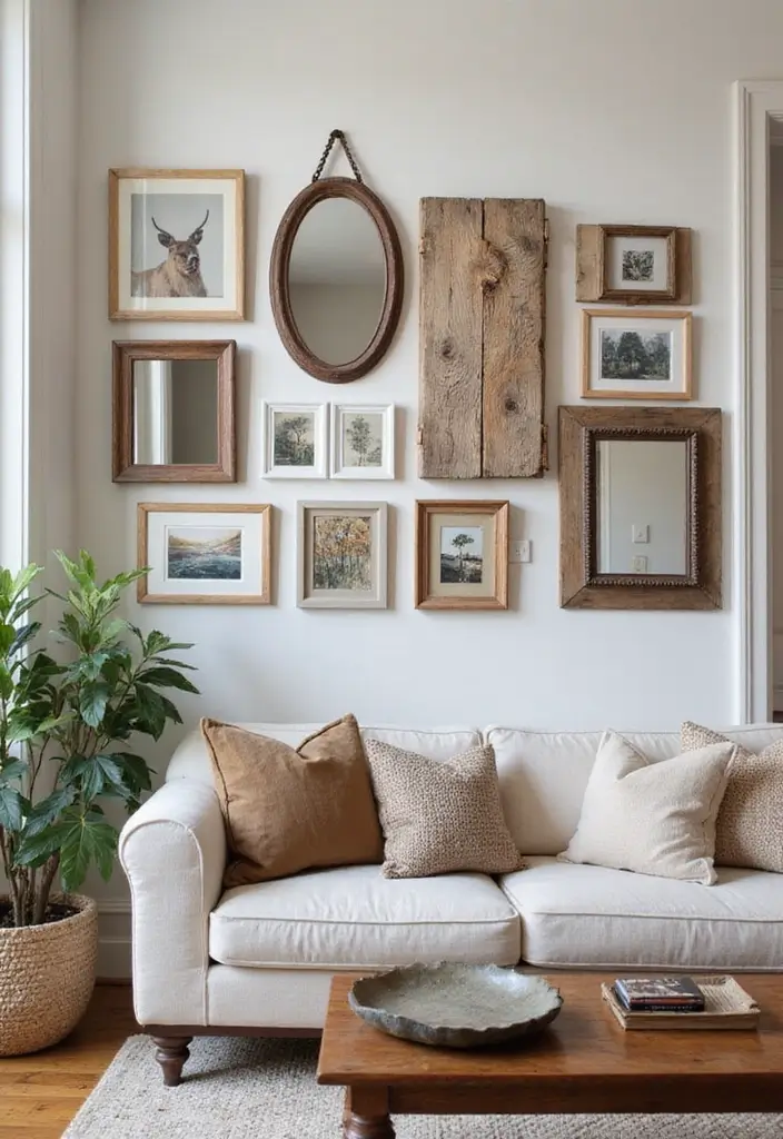 27 Shabby Chic Farmhouse Living Room Ideas That Blend Rustic and Romantic - 14. Creative Wall Decor