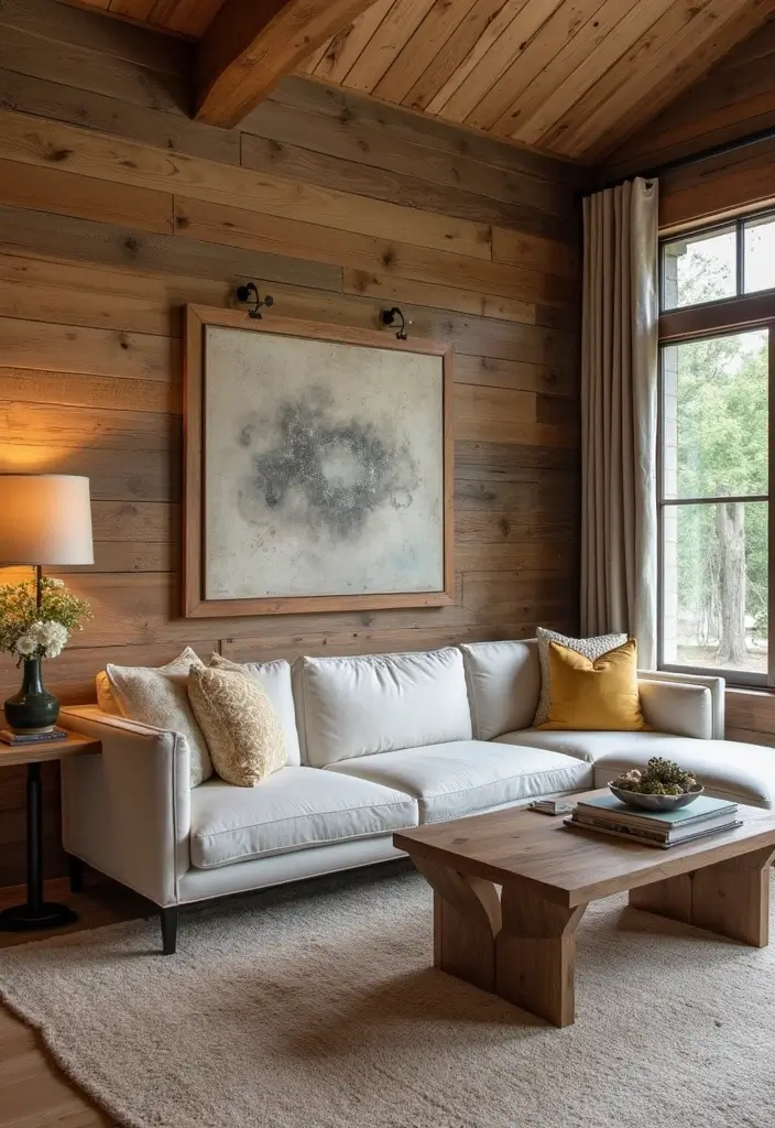 27 Shabby Chic Farmhouse Living Room Ideas That Blend Rustic and Romantic - 16. Reclaimed Wood Accents