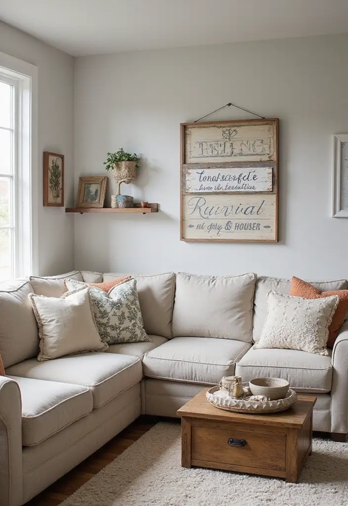 27 Shabby Chic Farmhouse Living Room Ideas That Blend Rustic and Romantic - 17. Country-Inspired Decorative Signs