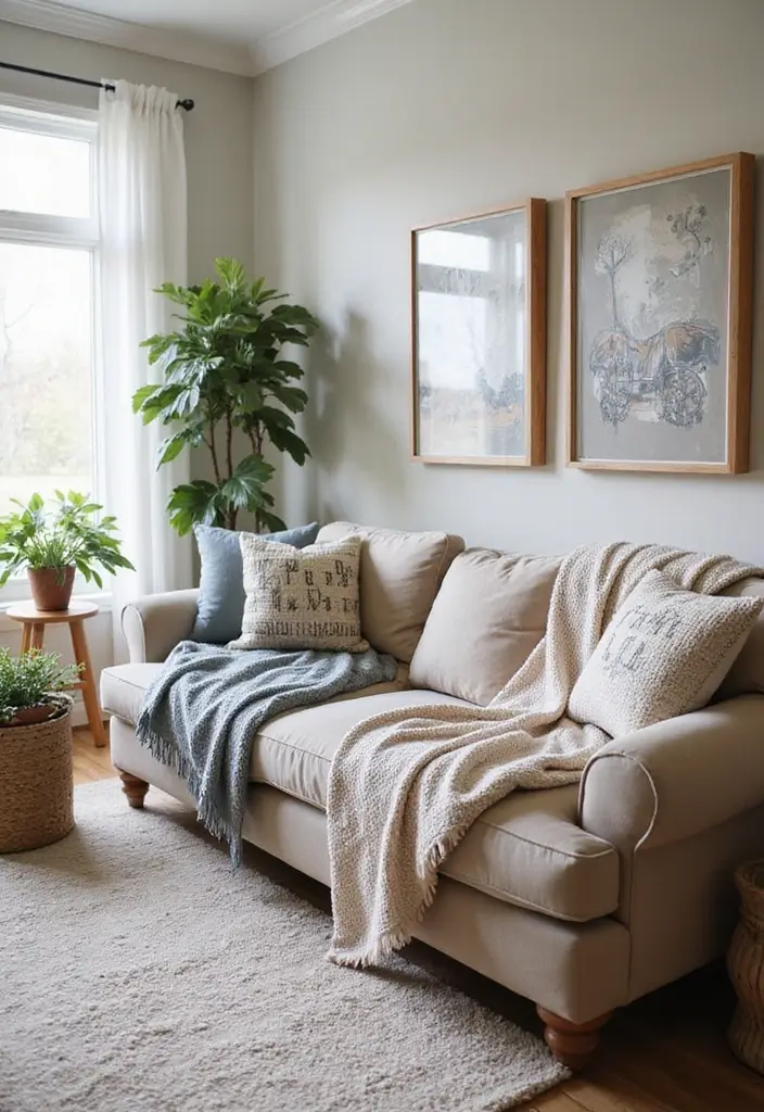 27 Shabby Chic Farmhouse Living Room Ideas That Blend Rustic and Romantic - 21. Personalized Throw Blankets