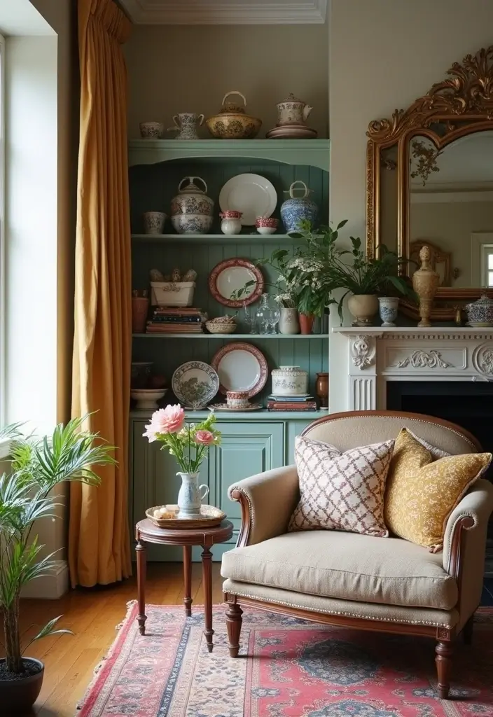27 Shabby Chic Farmhouse Living Room Ideas That Blend Rustic and Romantic - 22. Displaying Vintage China
