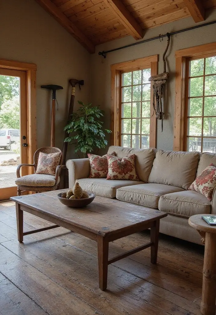27 Shabby Chic Farmhouse Living Room Ideas That Blend Rustic and Romantic - 23. Vintage Farm Tools as Decor
