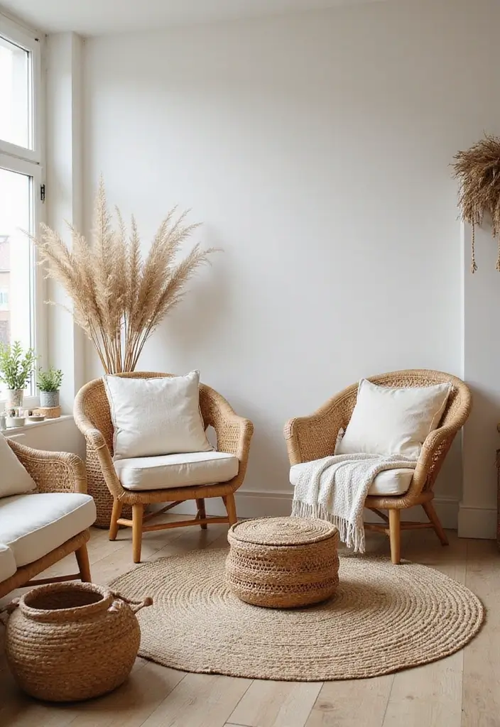 27 Shabby Chic Farmhouse Living Room Ideas That Blend Rustic and Romantic - 25. Natural Fiber Furniture