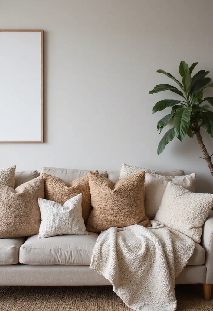 27 Shabby Chic Farmhouse Living Room Ideas That Blend Rustic and Romantic - 26. Playful Decorative Pillows