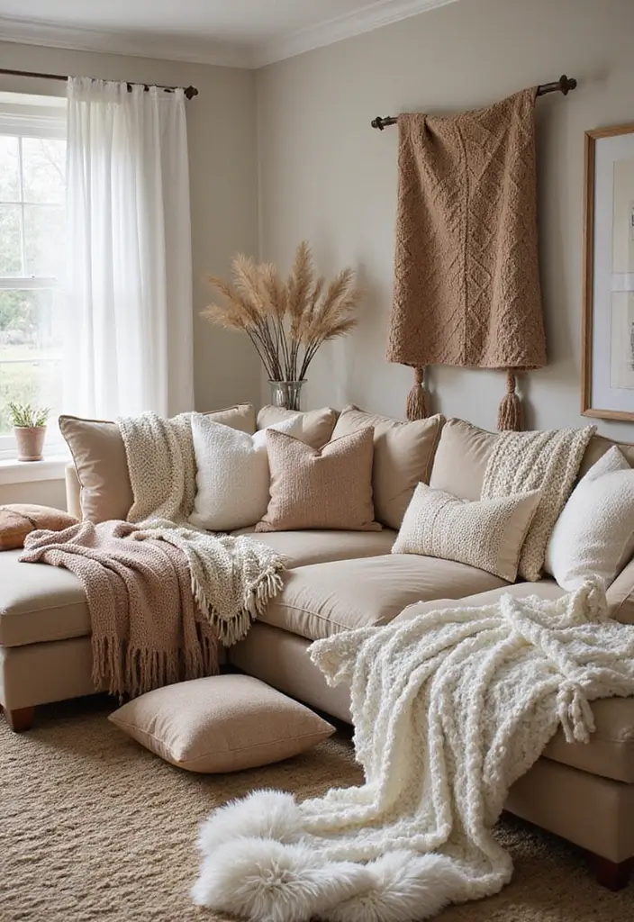 27 Shabby Chic Farmhouse Living Room Ideas That Blend Rustic and Romantic - 4. Cozy Textiles