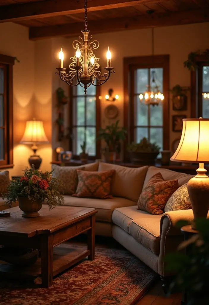 27 Shabby Chic Farmhouse Living Room Ideas That Blend Rustic and Romantic - 6. Rustic Lighting
