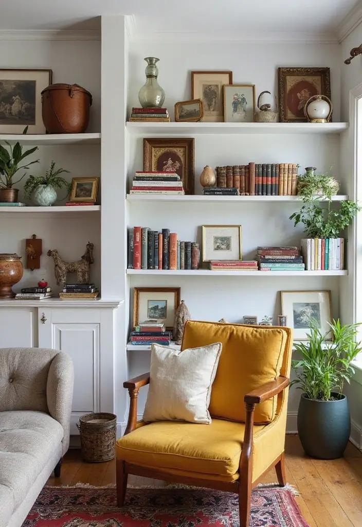 27 Shabby Chic Farmhouse Living Room Ideas That Blend Rustic and Romantic - 7. Open Shelving