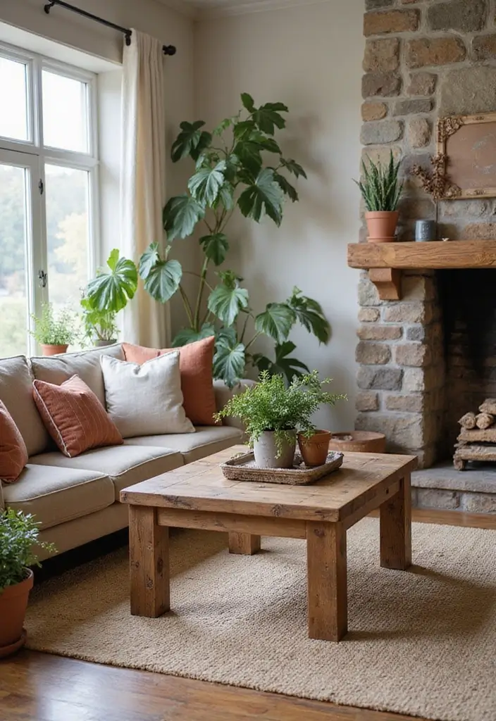 27 Shabby Chic Farmhouse Living Room Ideas That Blend Rustic and Romantic - 8. Natural Elements