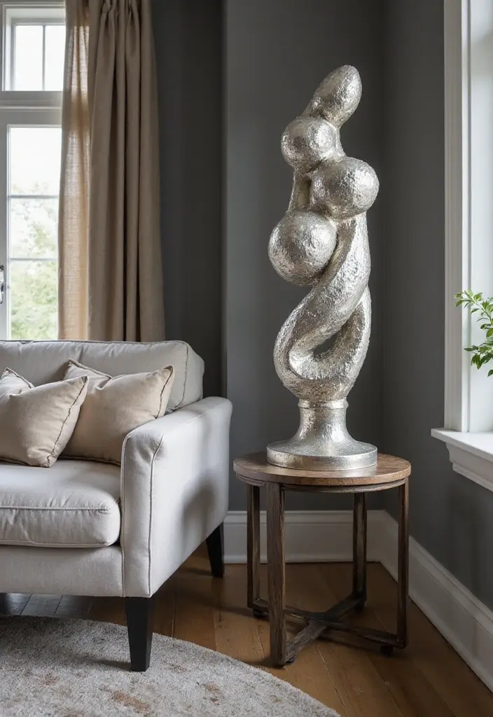 27 Silver Living Room Ideas That Feel Glamorous and Polished - 16. Silver Sculptures as Focal Points