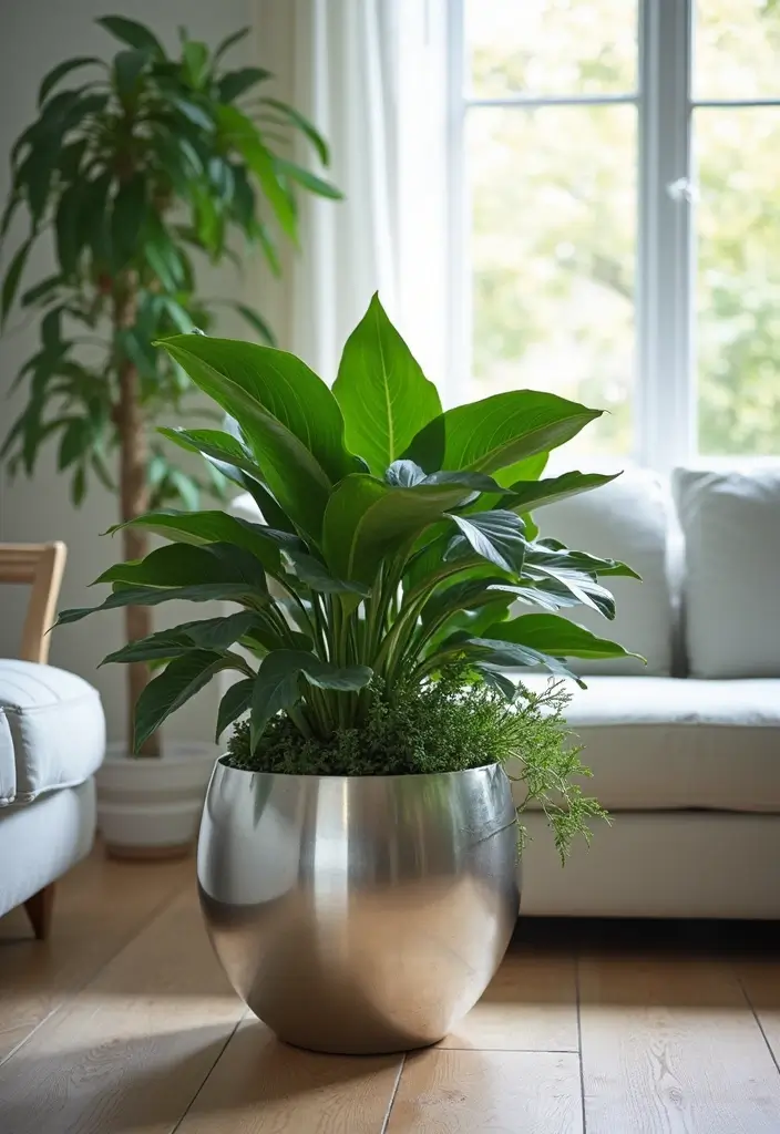 27 Silver Living Room Ideas That Feel Glamorous and Polished - 17. Silver Plants and Planters