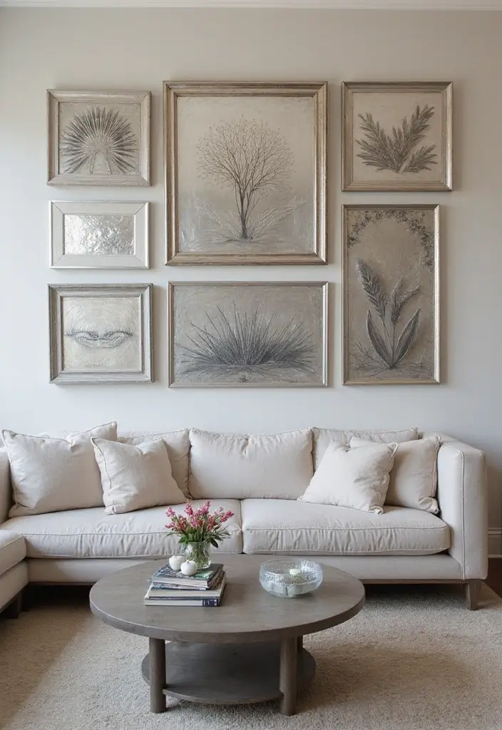 27 Silver Living Room Ideas That Feel Glamorous and Polished - 3. Eye-Catching Silver Wall Art