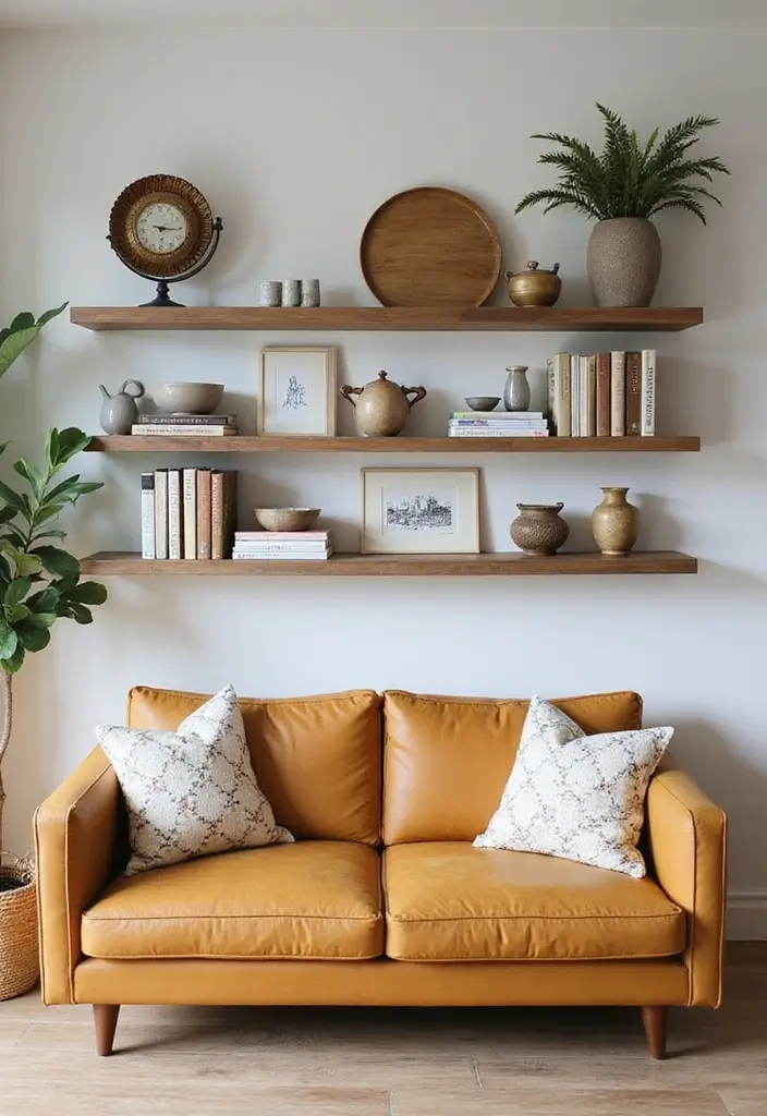 27 Tan Sofa Living Room Ideas That Feel Neutral and Timeless - 15. Open Shelving: Displaying Your Style