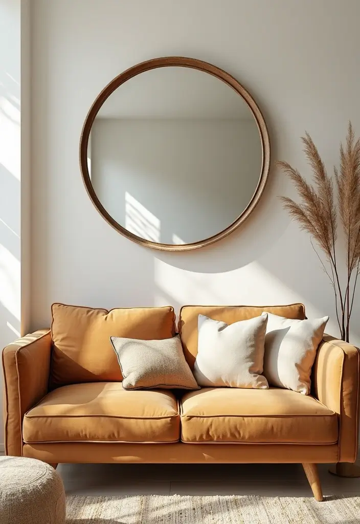 27 Tan Sofa Living Room Ideas That Feel Neutral and Timeless - 16. Incorporating Mirrors: Expanding Your Space