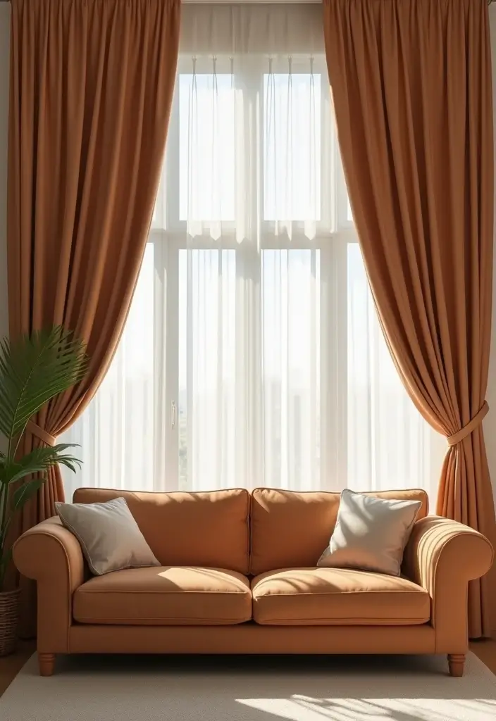 27 Tan Sofa Living Room Ideas That Feel Neutral and Timeless - 23. Elegant Curtains: Framing the Room
