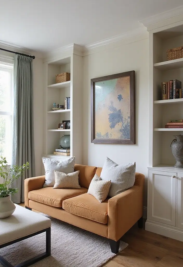 27 Tan Sofa Living Room Ideas That Feel Neutral and Timeless - 24. Custom Built-Ins: Tailored Storage Solutions