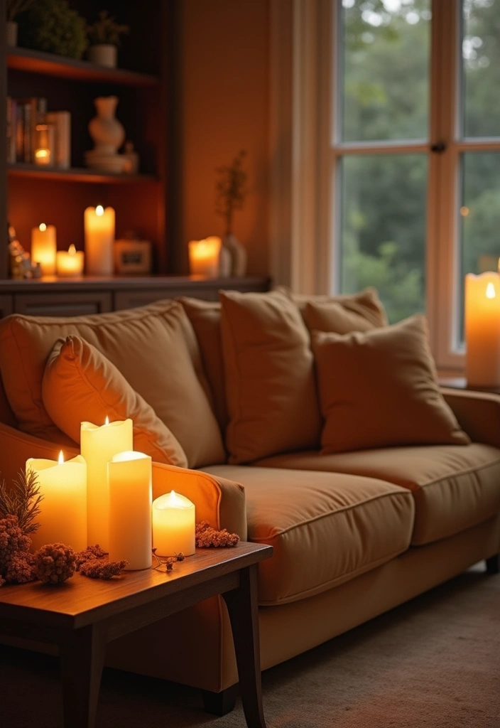 27 Tan Sofa Living Room Ideas That Feel Neutral and Timeless - 27. Warm Glow: Candle Accents for Coziness