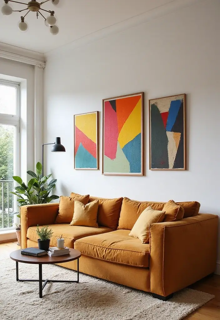 27 Tan Sofa Living Room Ideas That Feel Neutral and Timeless - 7. Modern Art: A Bold Statement
