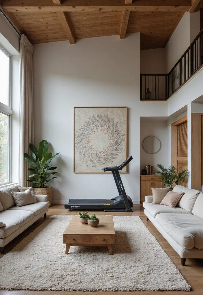 27 Treadmill in Living Room Ideas That Fit Fitness Into Your Space - 10. Open Concept Living Room Gym